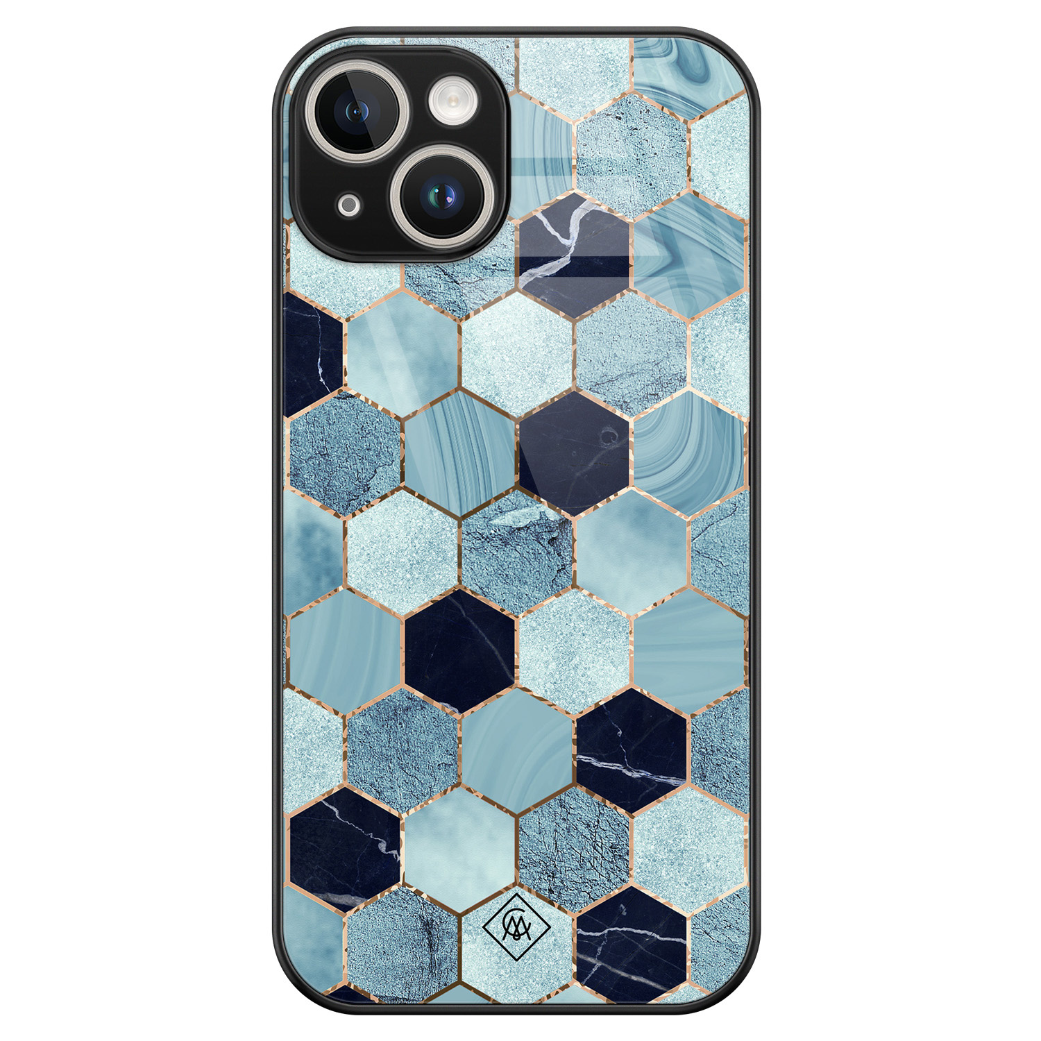 iPhone 13 hardcase - Blue cubes - Blauw - Hard Case Zwart - Backcover telefoonhoesje - Marmer - Casimoda®