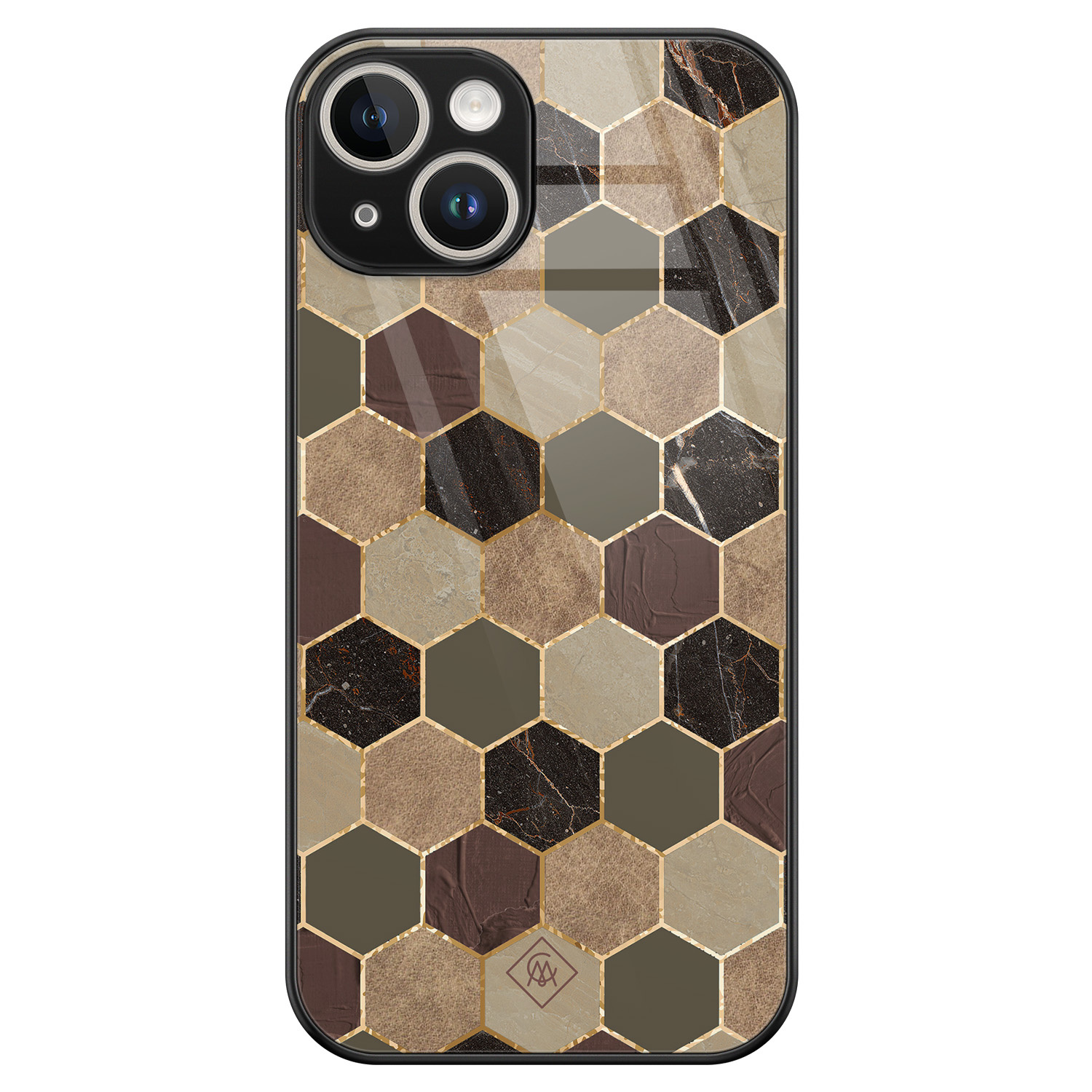 iPhone 13 hardcase - Kubus bruin groen - Bruin/beige - Hard Case Zwart - Backcover telefoonhoesje - Geometrisch patroon - Casimoda®