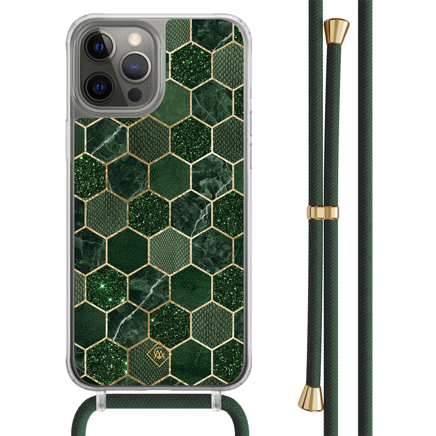 iPhone 12 (Pro) hoesje met groen koord - Kubus groen