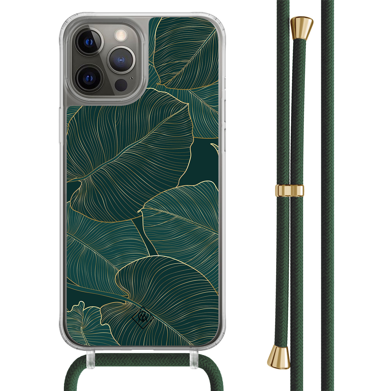 iPhone 12 (Pro) hoesje met groen koord - Monstera leaves