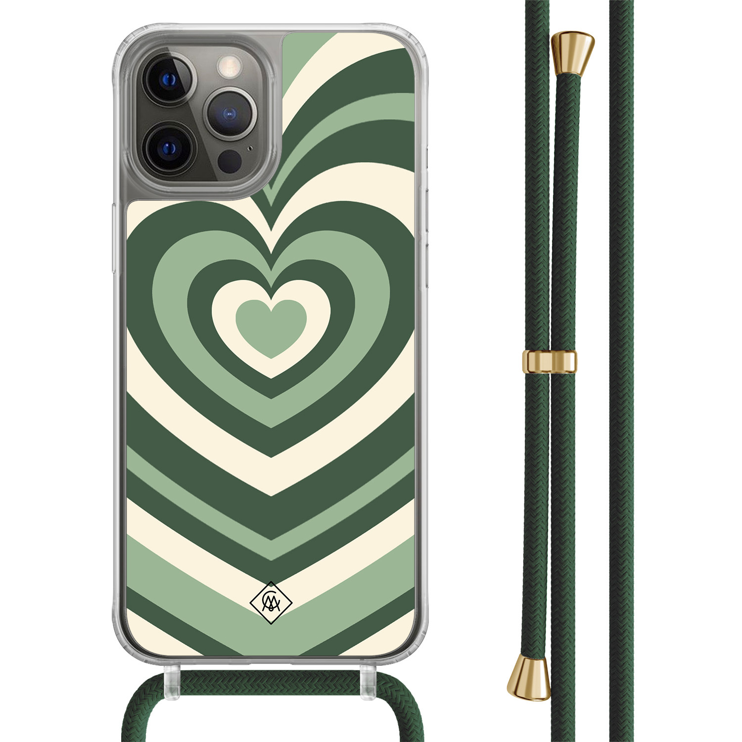 iPhone 12 (Pro) hoesje met groen koord - Hart swirl groen