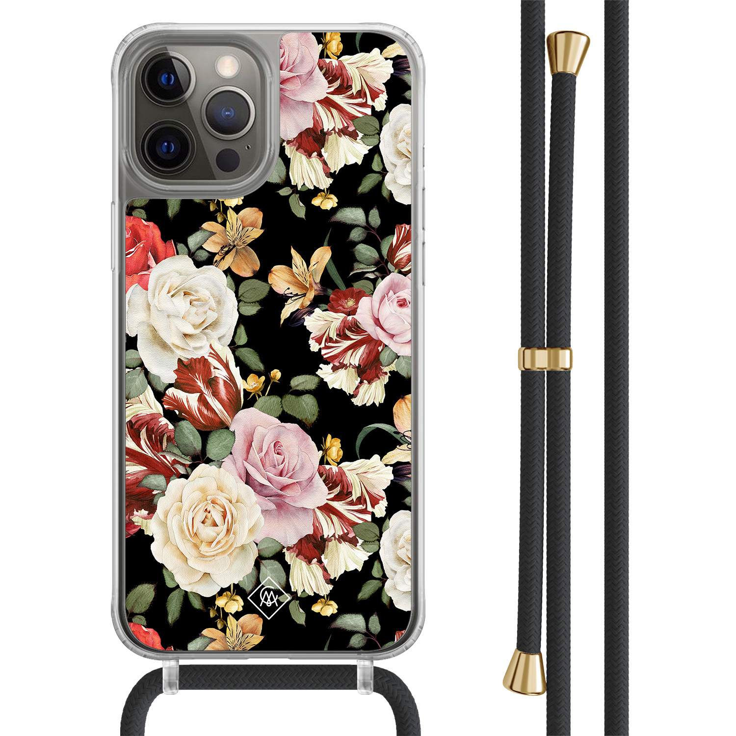 iPhone 12 (Pro) hoesje met zwart koord - Flowerpower