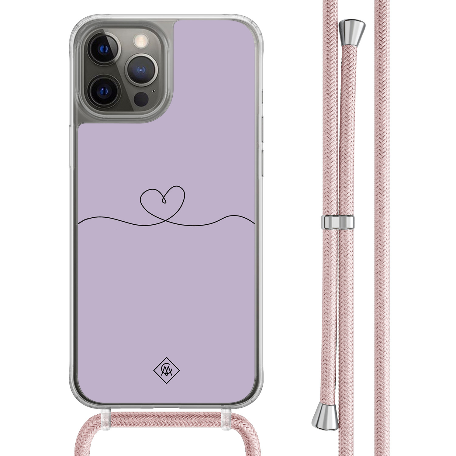 iPhone 12 (Pro) hoesje met rosegoud koord - Hart lila