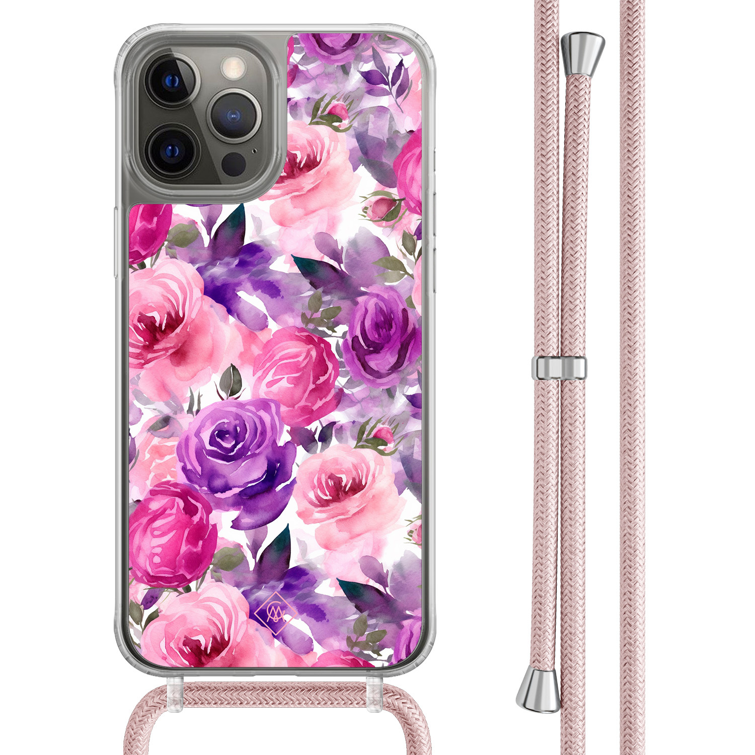 iPhone 12 (Pro) hoesje met rosegoud koord - Rosy blooms