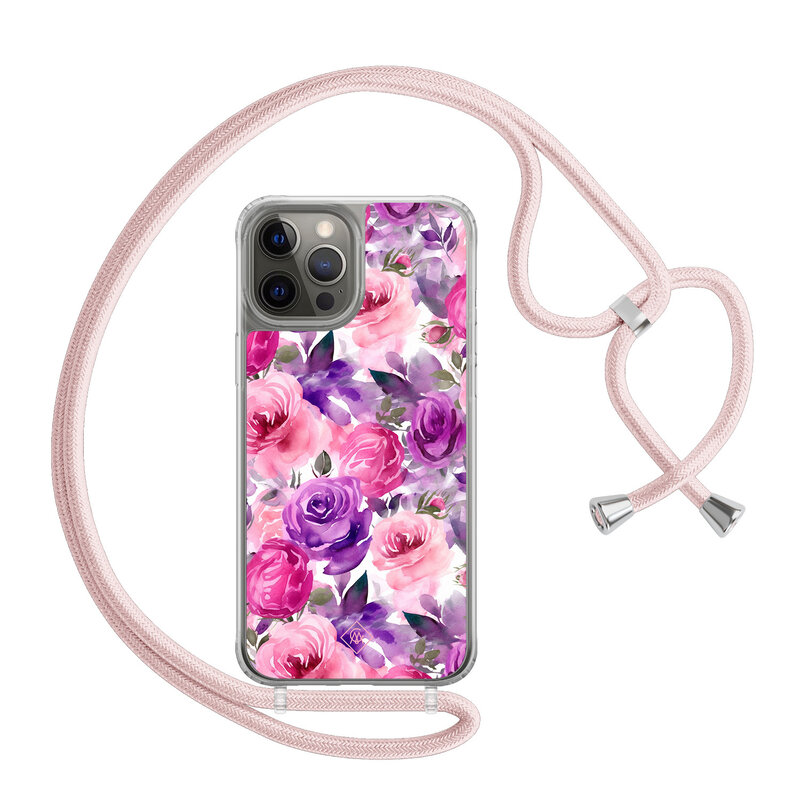 Casimoda iPhone 12 (Pro) hoesje met rosegoud koord - Rosy blooms