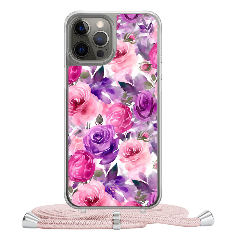 Casimoda iPhone 12 (Pro) hoesje met rosegoud koord - Rosy blooms