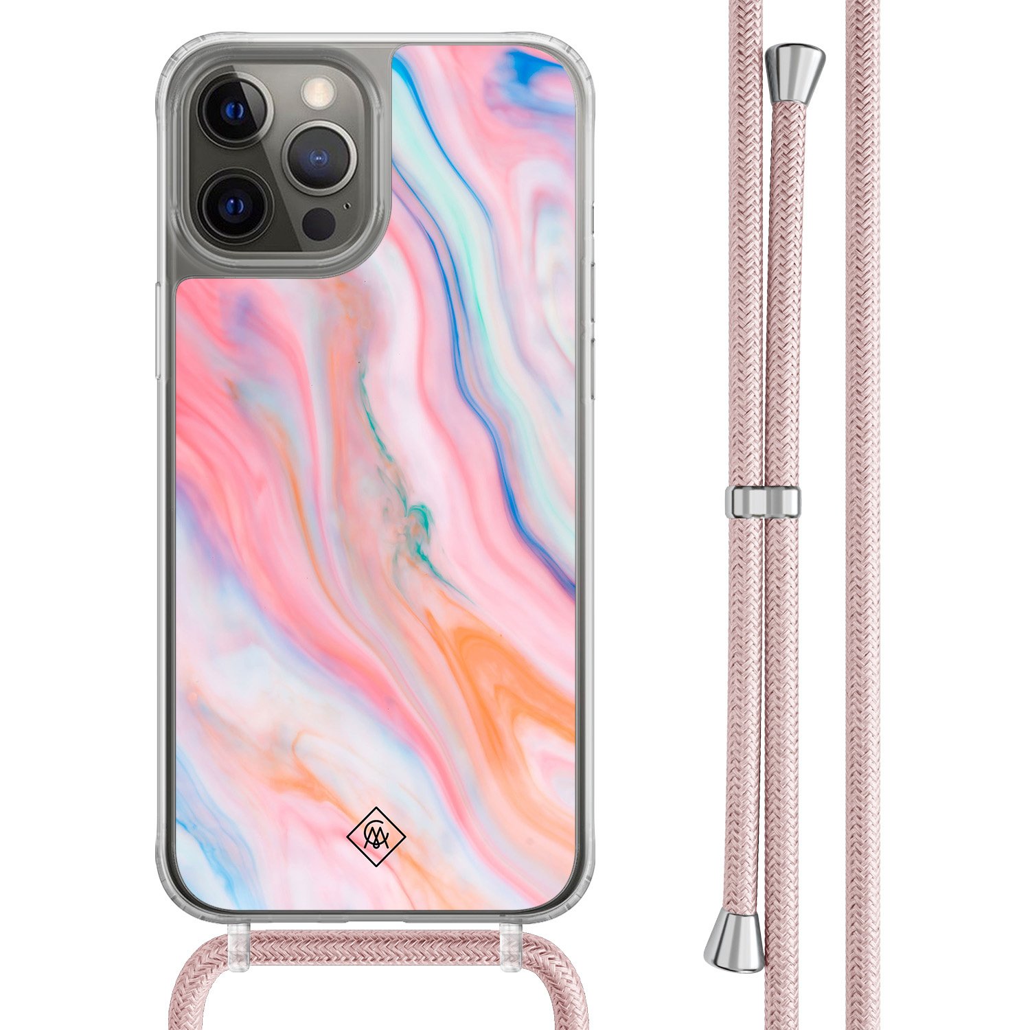 iPhone 12 (Pro) hoesje met rosegoud koord - Pink glam