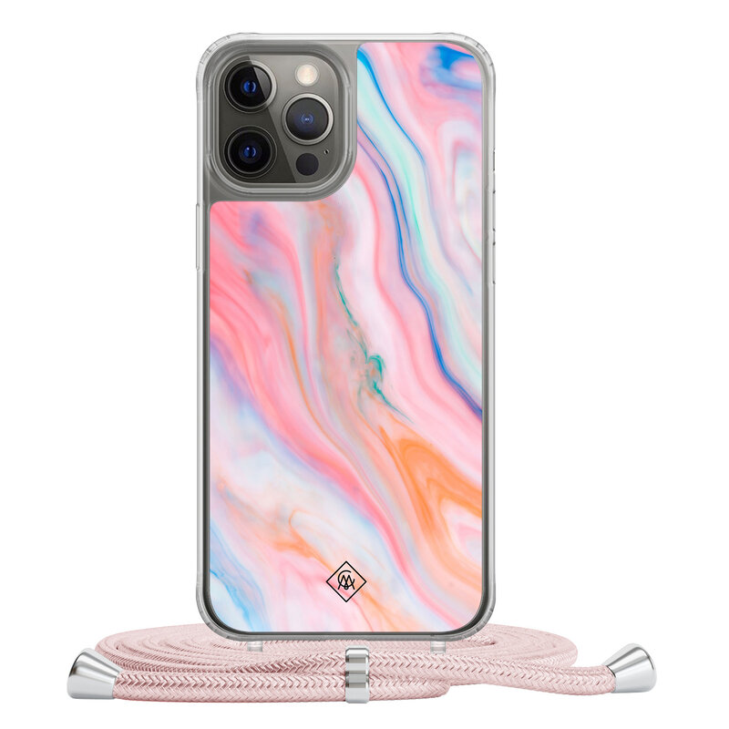 Casimoda iPhone 12 (Pro) hoesje met rosegoud koord - Pink glam