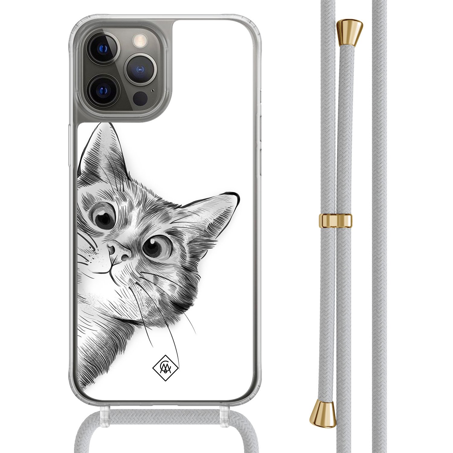iPhone 12 (Pro) hoesje met grijs koord - Peekaboo kat