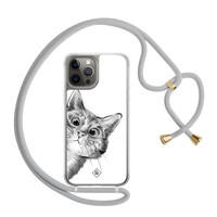Casimoda iPhone 12 (Pro) hoesje met grijs koord - Peekaboo kat