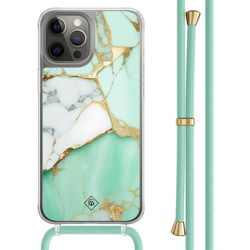 Casimoda iPhone 12 (Pro) hoesje met mint koord - Marmer mintgroen