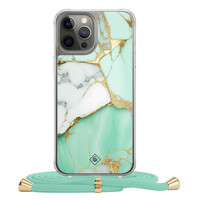 Casimoda iPhone 12 (Pro) hoesje met mint koord - Marmer mintgroen