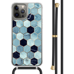 Casimoda iPhone 12 (Pro) hoesje met zwart koord - Blue cubes