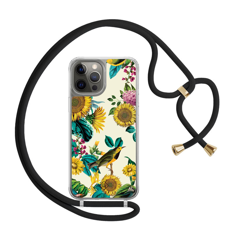 Casimoda iPhone 12 (Pro) hoesje met zwart koord - Sunflowers