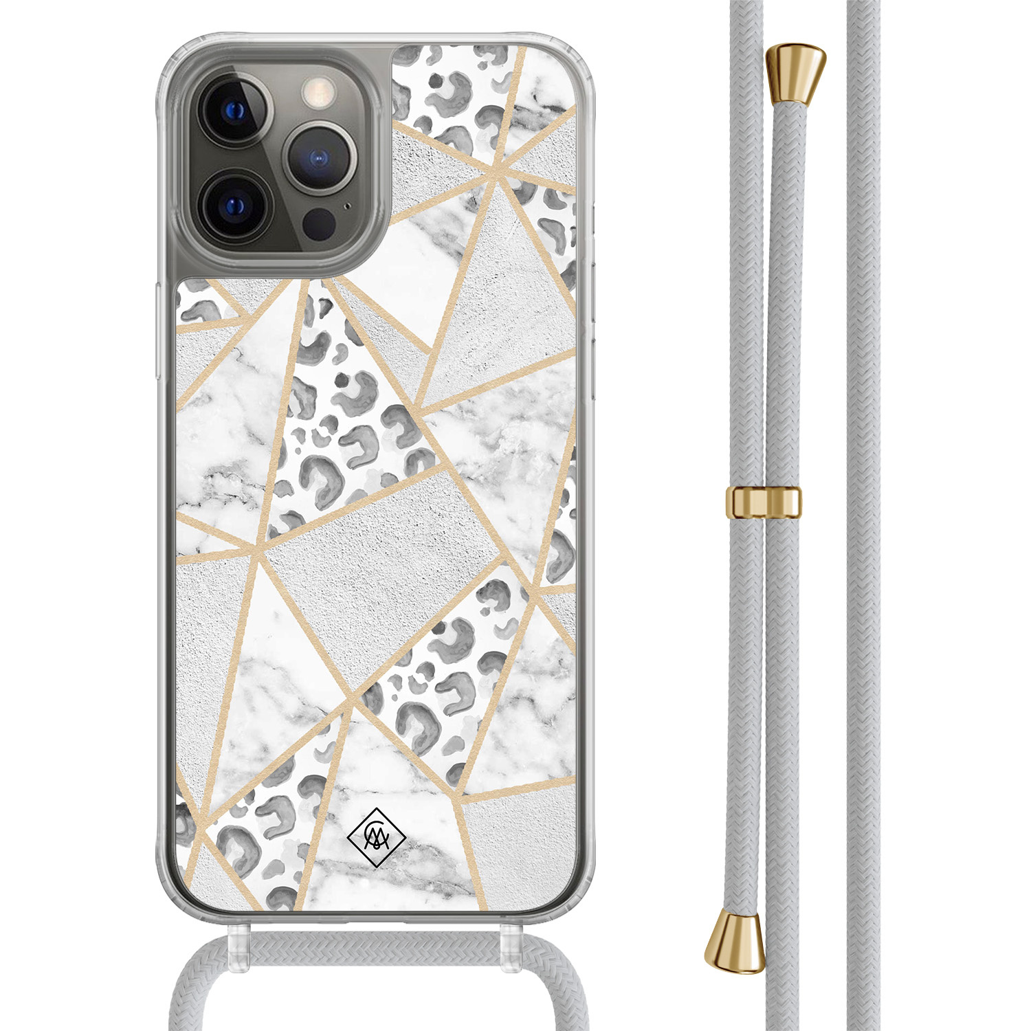 iPhone 12 (Pro) hoesje met grijs koord - Stone & leopard