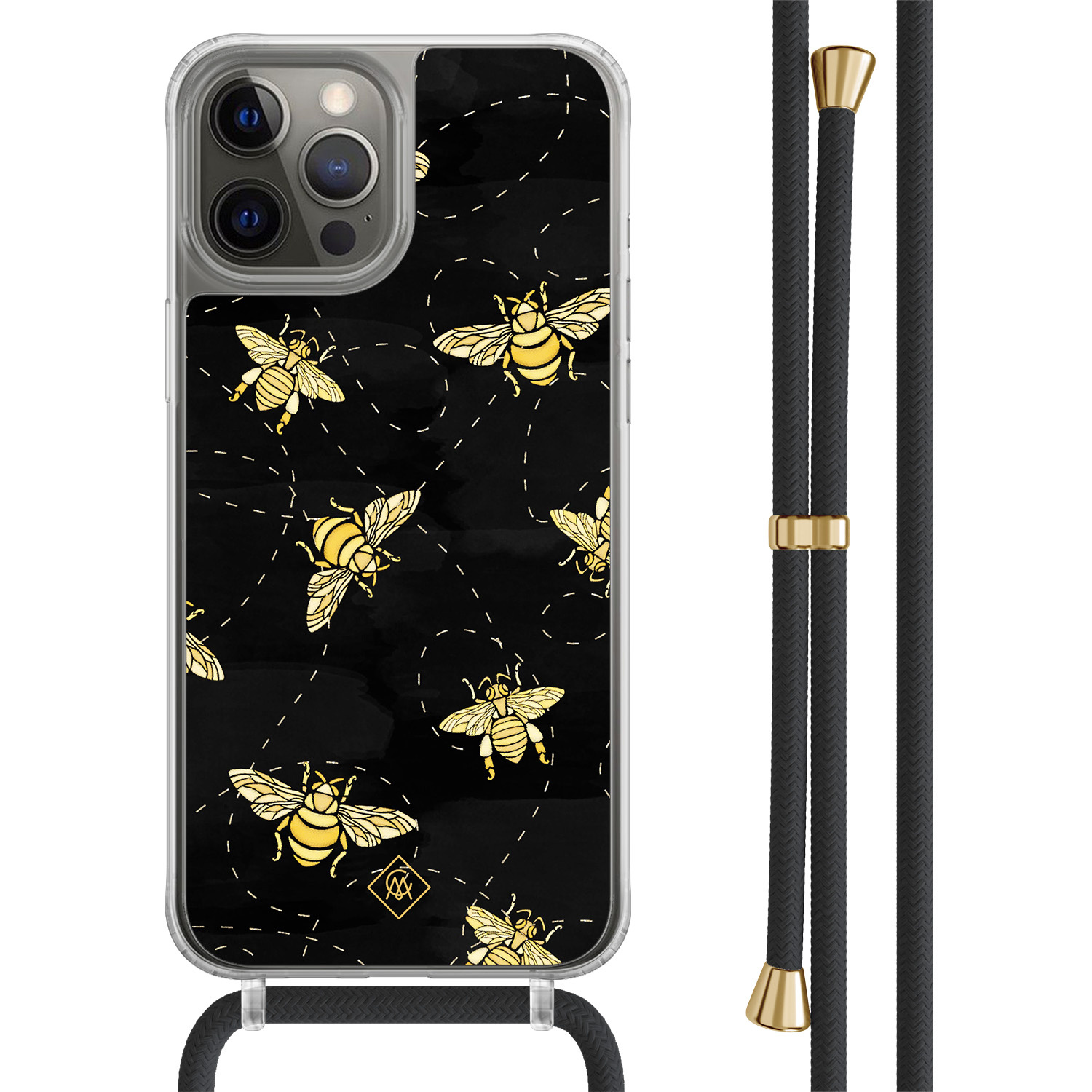 iPhone 12 (Pro) hoesje met zwart koord - Bee happy