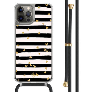 Casimoda iPhone 12 (Pro) hoesje met zwart koord - Hart streepjes