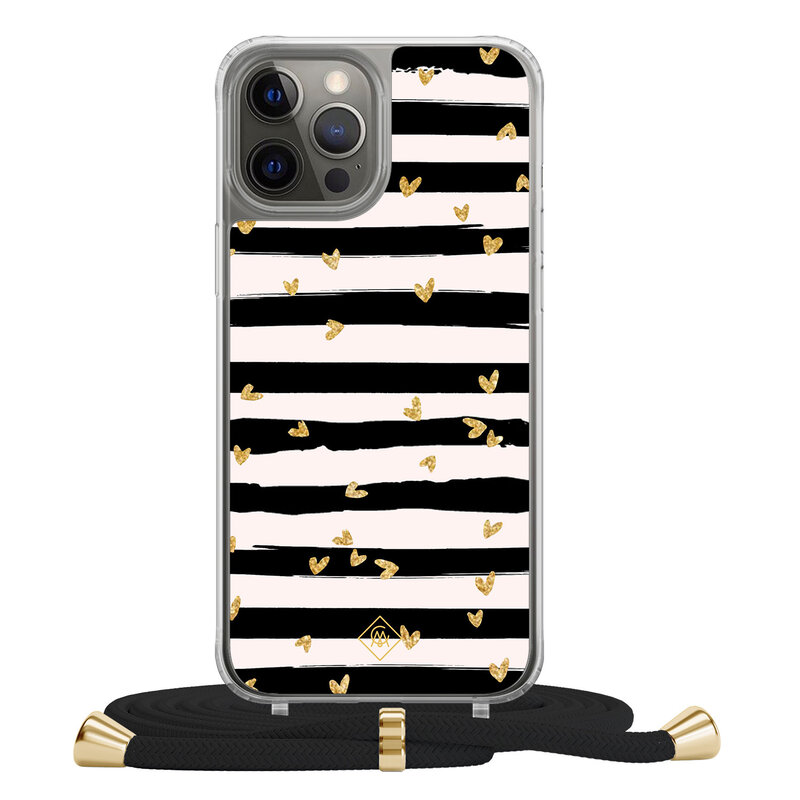Casimoda iPhone 12 (Pro) hoesje met zwart koord - Hart streepjes