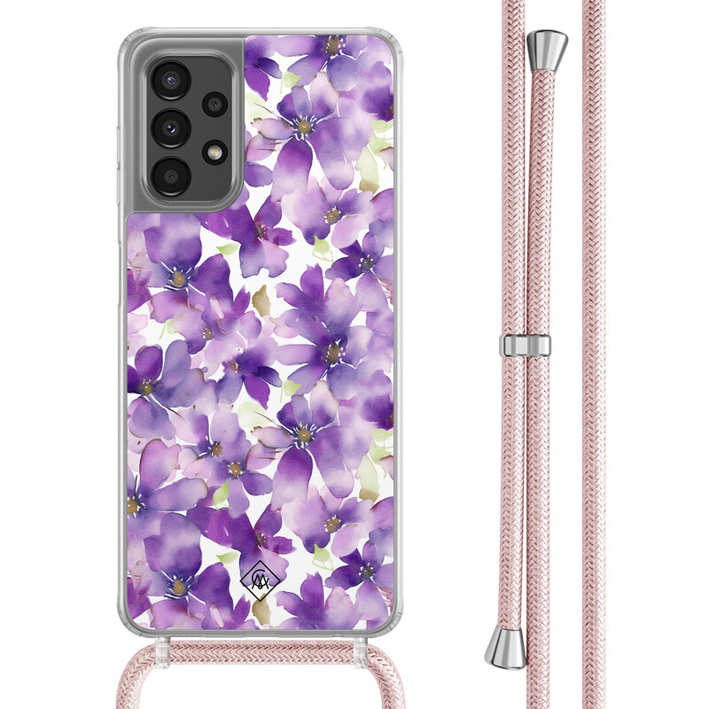 Casimoda Samsung Galaxy A13 4G hoesje met rosegoud koord - Floral violet