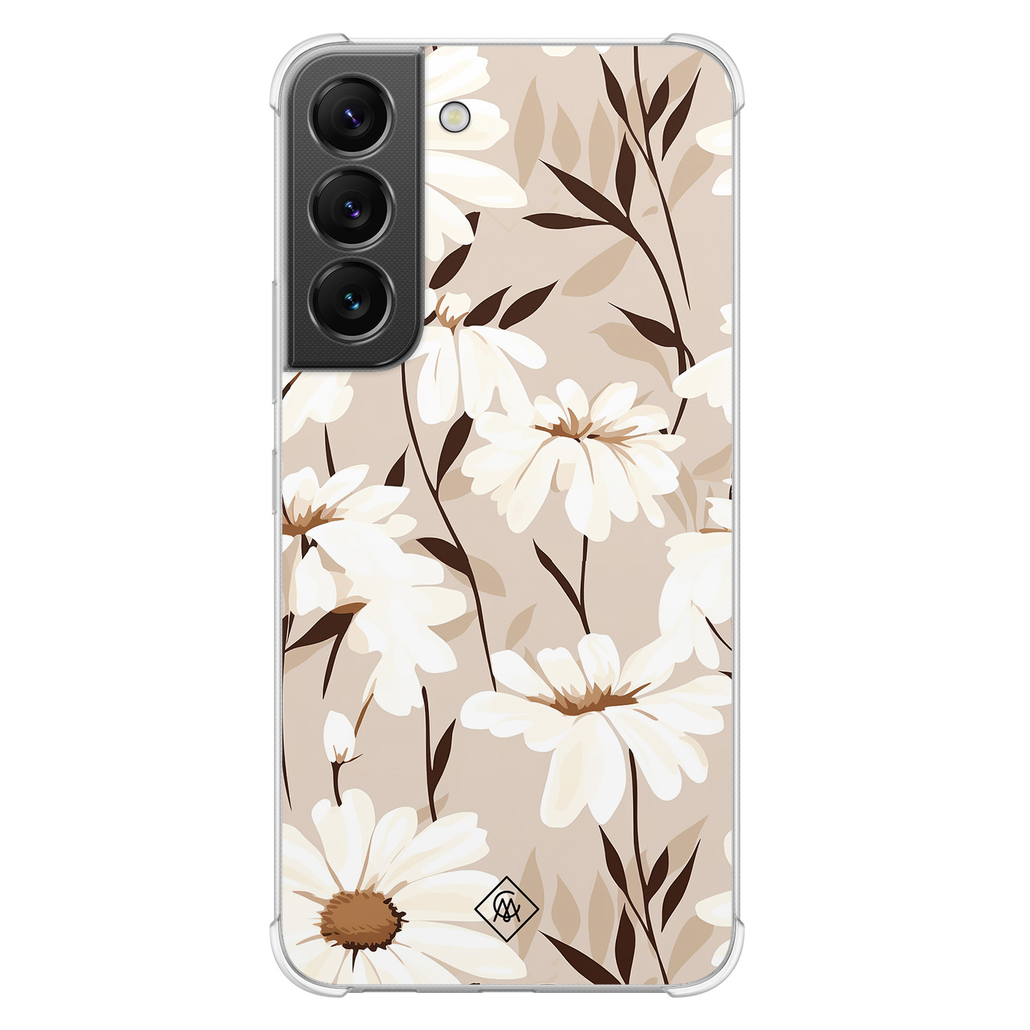 Samsung Galaxy S22 shockproof hoesje - In bloom - Bruin/beige - Hard Case TPU Zwart - Planten - Casimoda