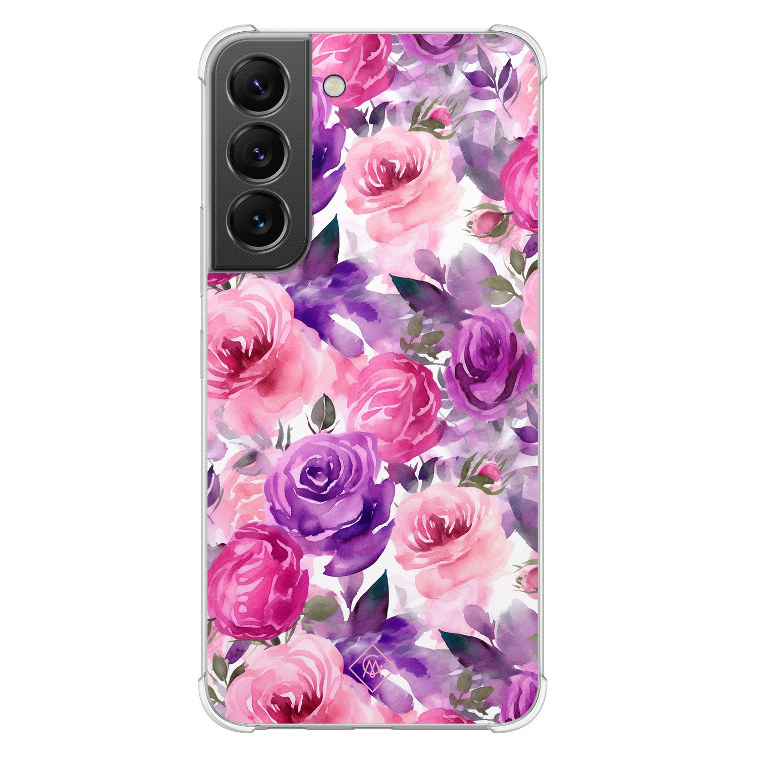 Samsung Galaxy S22 shockproof hoesje - Rosy blooms - Paars - Hard Case TPU Zwart - Planten - Casimoda