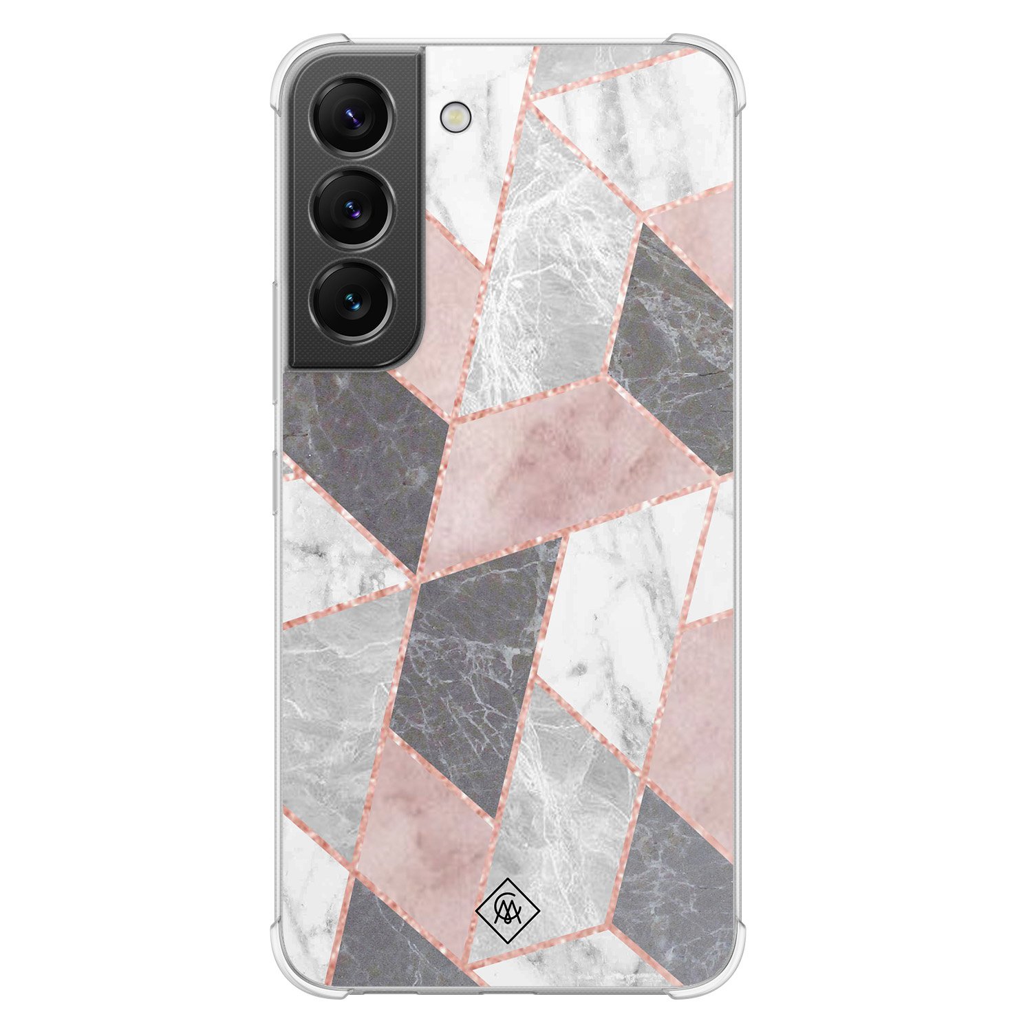Samsung Galaxy S22 shockproof hoesje - Stone grid marmer / Abstract marble - Roze - Hard Case TPU Zwart - Geometrisch patroon - Casimoda