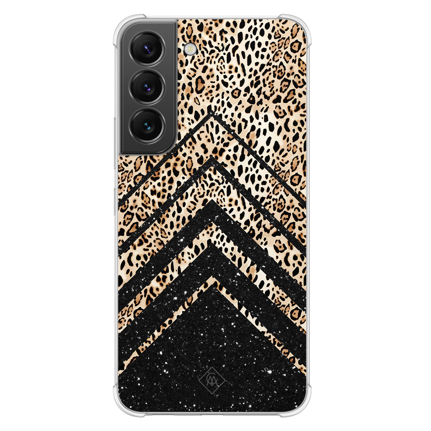 Samsung Galaxy S22 shockproof hoesje - Chevron luipaard - Bruin/beige - Hard Case TPU Zwart - Luipaardprint - Casimoda