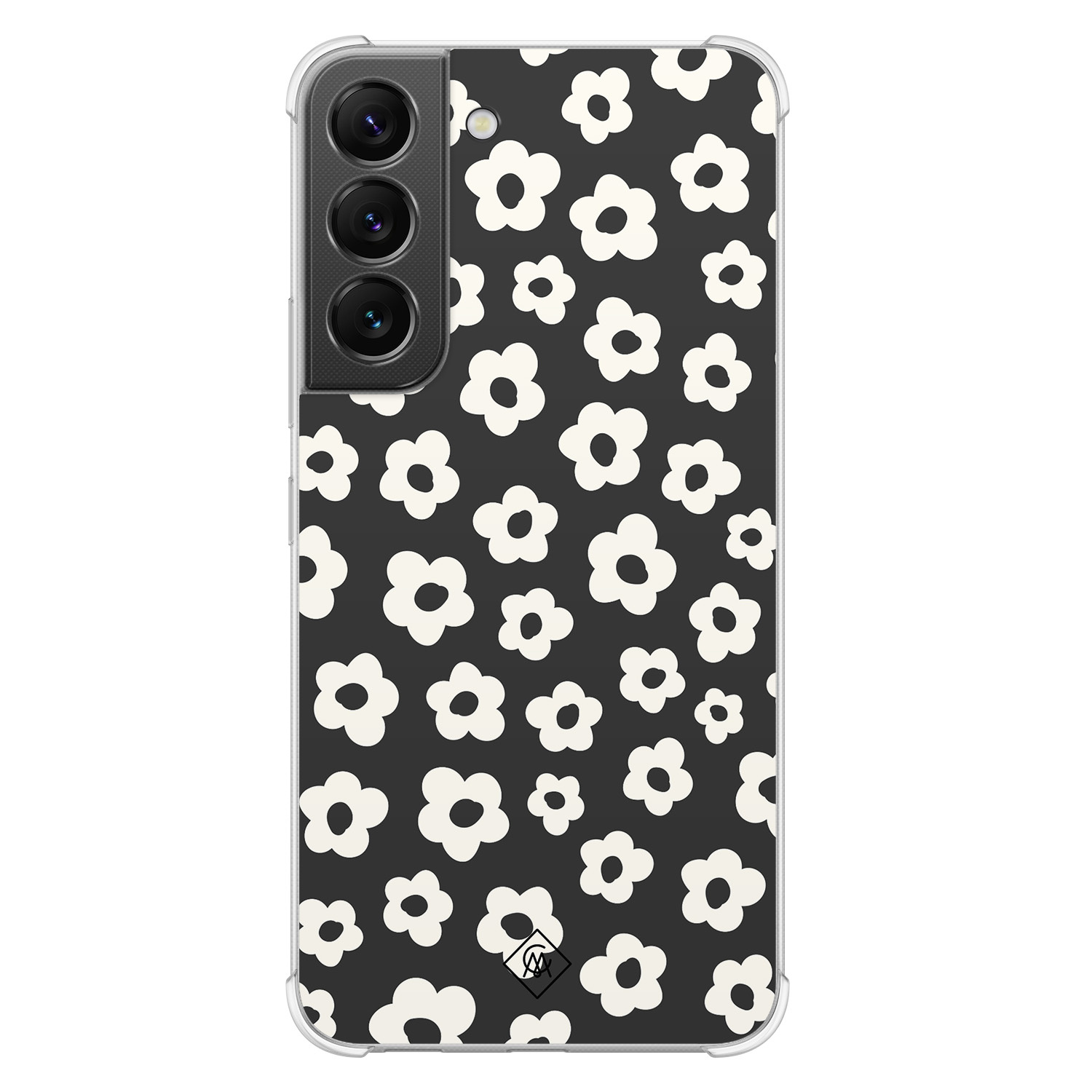 Samsung Galaxy S22 shockproof hoesje - Retro bloempjes - Zwart - Hard Case TPU Zwart - Planten - Casimoda