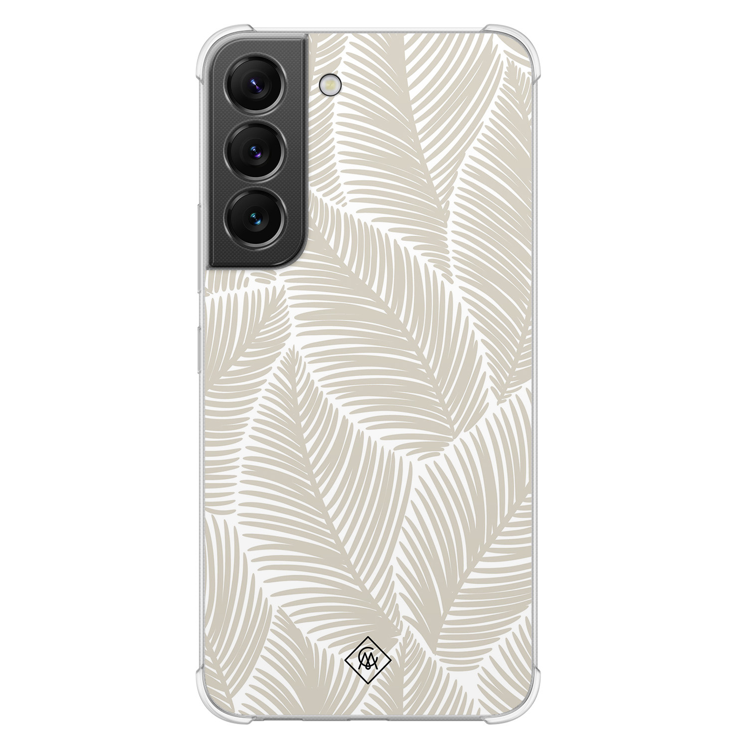 Samsung Galaxy S22 shockproof hoesje - Palmy leaves beige - Bruin/beige - Hard Case TPU Zwart - Natuur - Casimoda