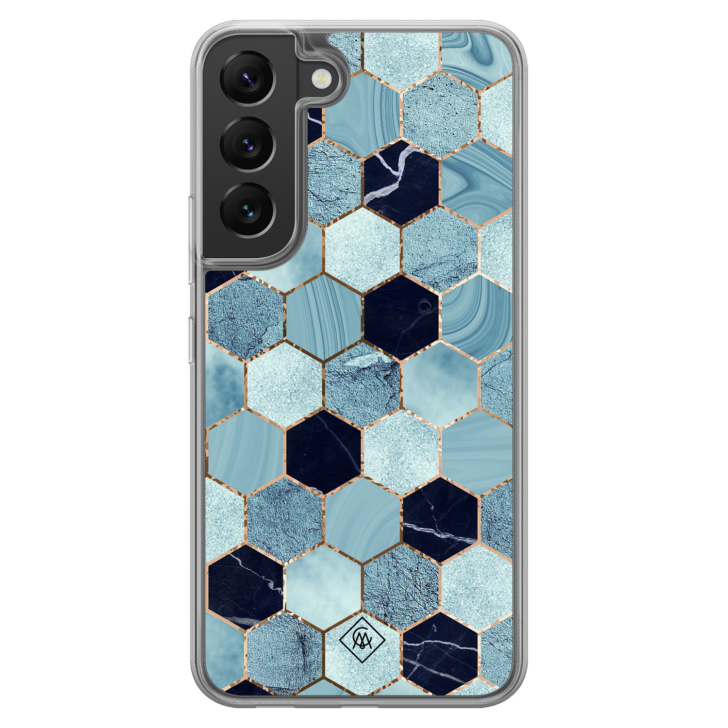 Samsung Galaxy S22 hoesje siliconen - Blue cubes - Casimoda® 2-in-1 case hybride - Schokbestendig - Marble design - Verhoogde randen - Blauw, Transparant