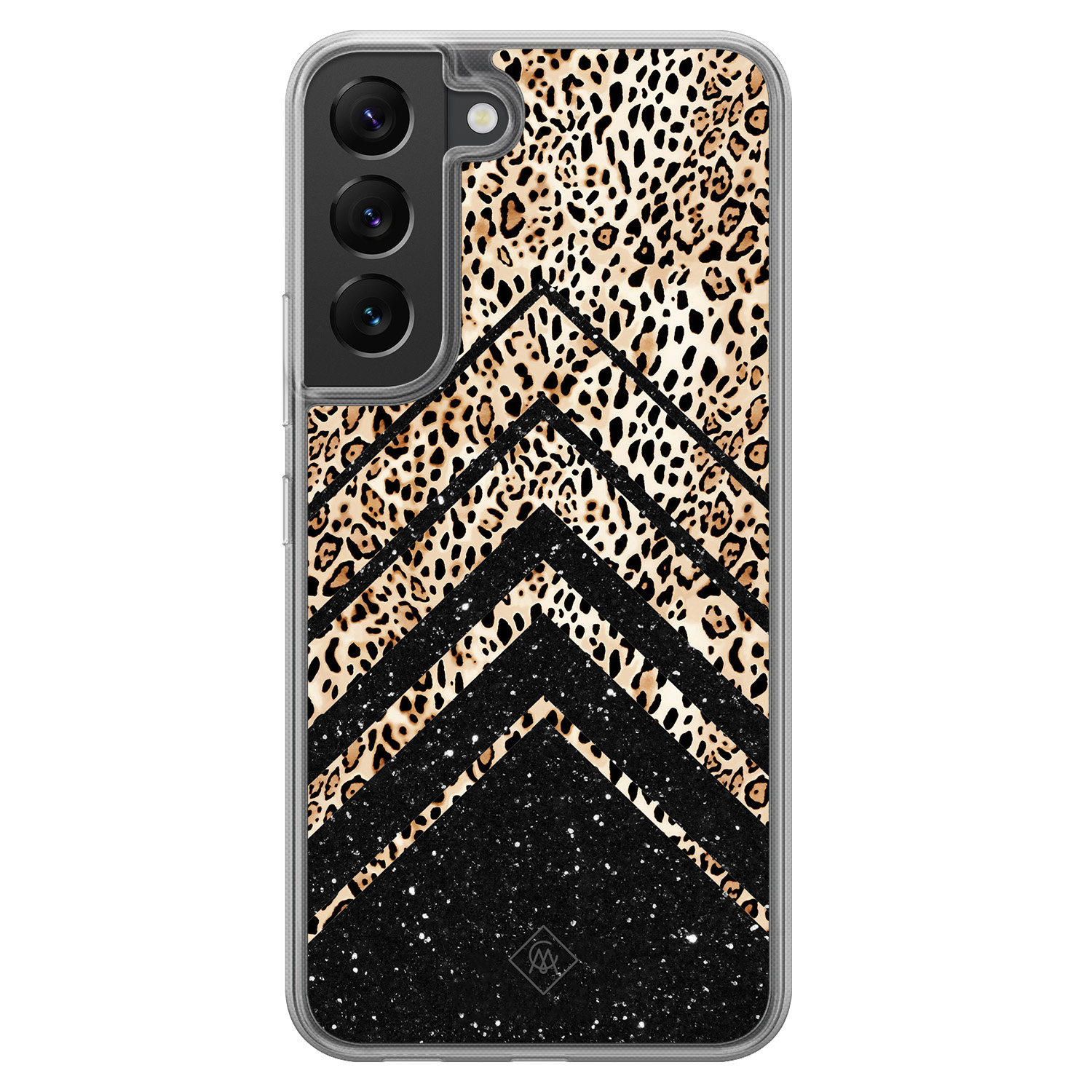 Samsung Galaxy S22 hoesje siliconen - Chevron luipaard - Casimoda® 2-in-1 case hybride - Schokbestendig - Luipaardprint - Verhoogde randen - Bruin/beige, Transparant