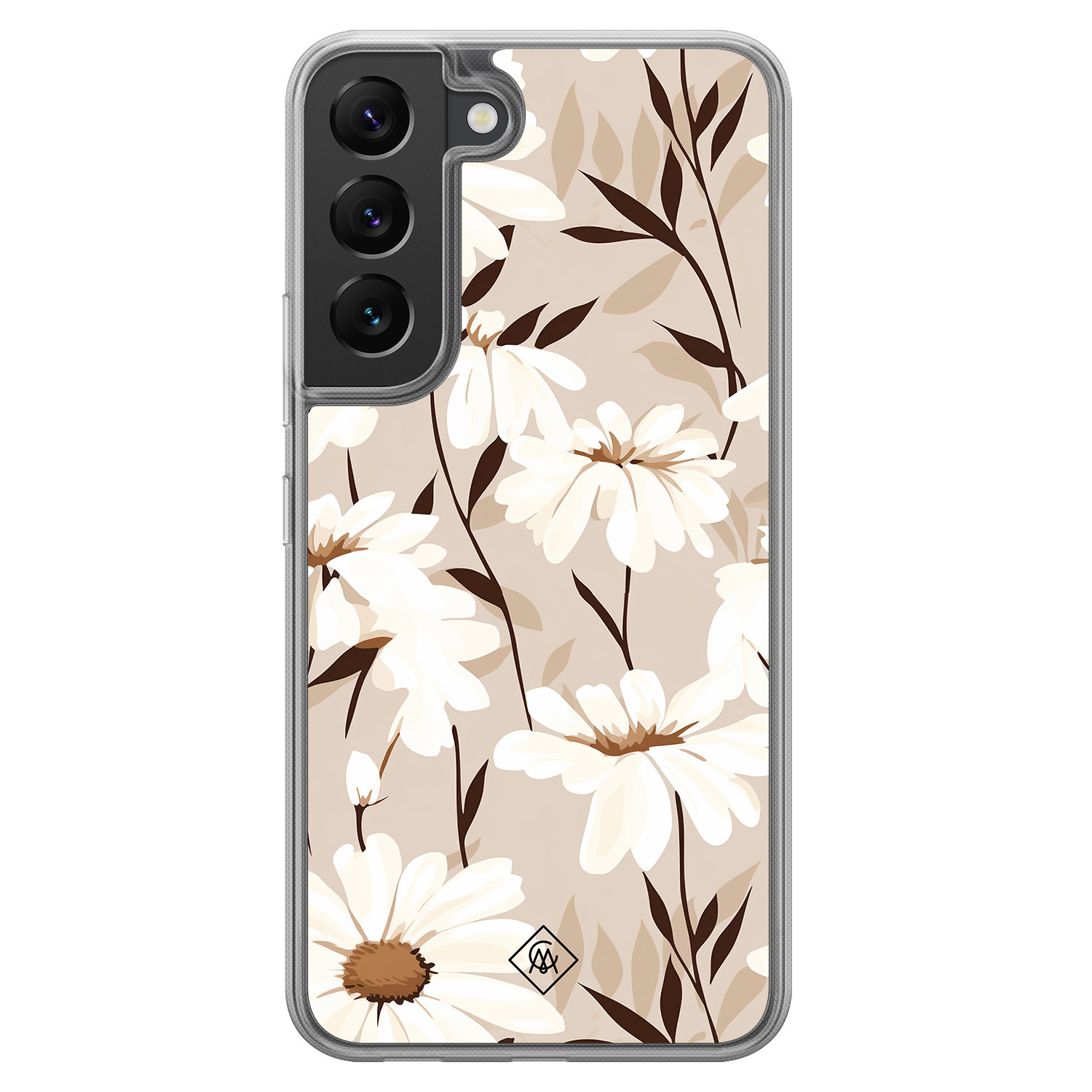 Samsung Galaxy S22 hoesje siliconen - In bloom - Casimoda® 2-in-1 case hybride - Schokbestendig - Bloemen - Verhoogde randen - Bruin/beige, Transparant