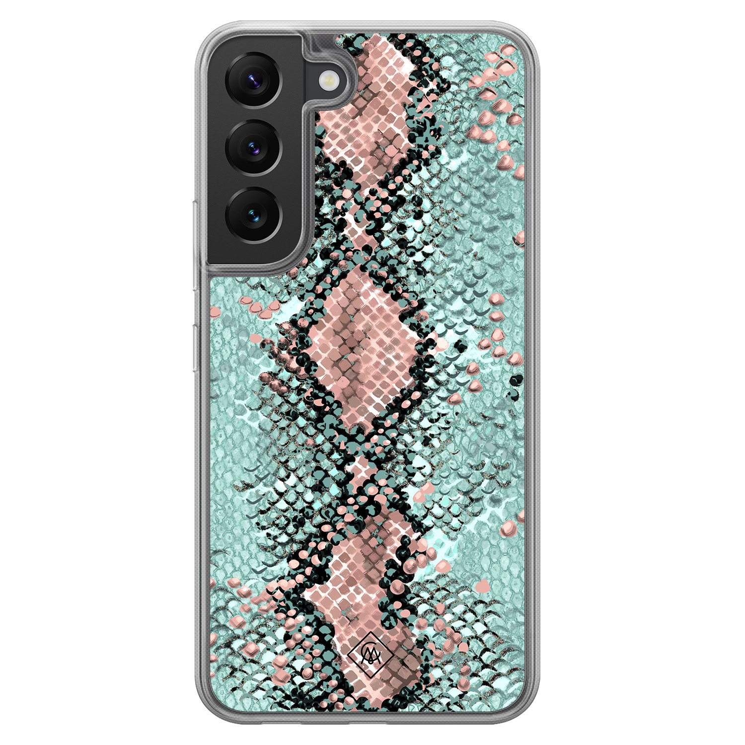 Samsung Galaxy S22 hoesje siliconen - Slangenprint pastel mint - Casimoda® 2-in-1 case hybride - Schokbestendig - Slangenprint - Verhoogde randen - Groen, Transparant