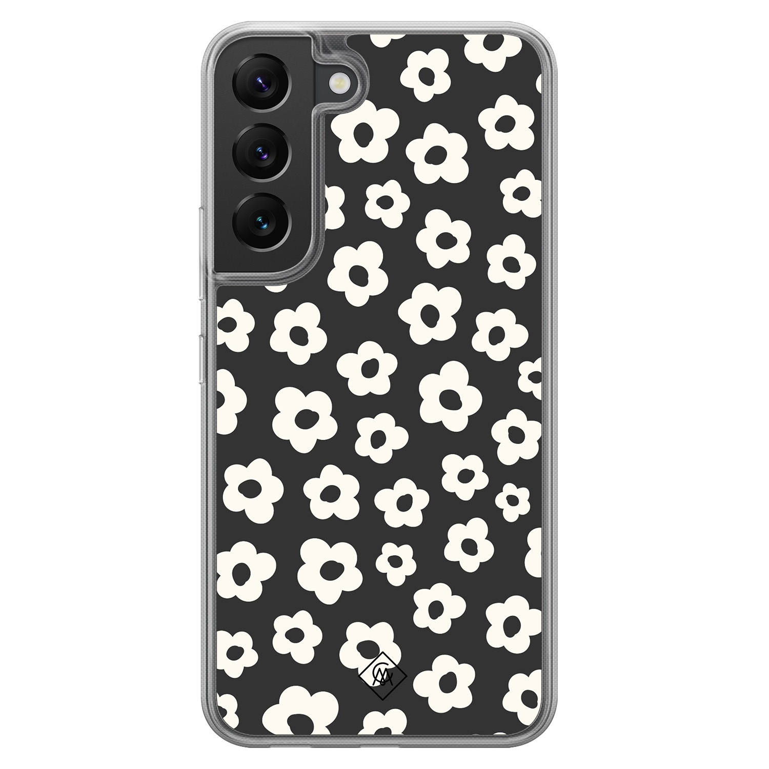 Samsung Galaxy S22 hoesje siliconen - Retro bloempjes - Casimoda® 2-in-1 case hybride - Schokbestendig - Bloemen - Verhoogde randen - Zwart, Transparant