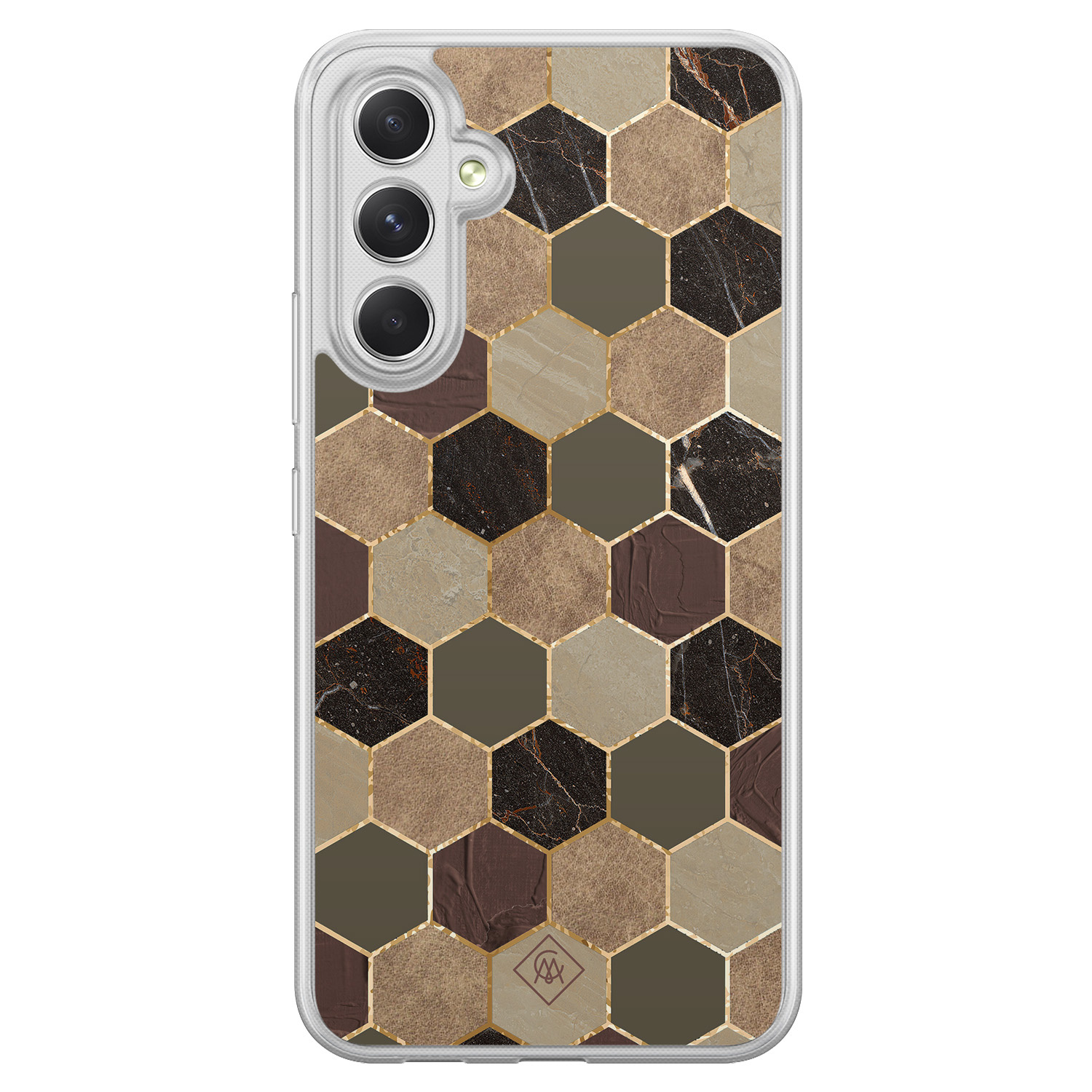 Samsung Galaxy A34 hoesje siliconen - Kubus groen bruin - Casimoda® 2-in-1 case hybride - Schokbestendig - Geometrisch patroon - Verhoogde randen - Bruin/beige, Transparant