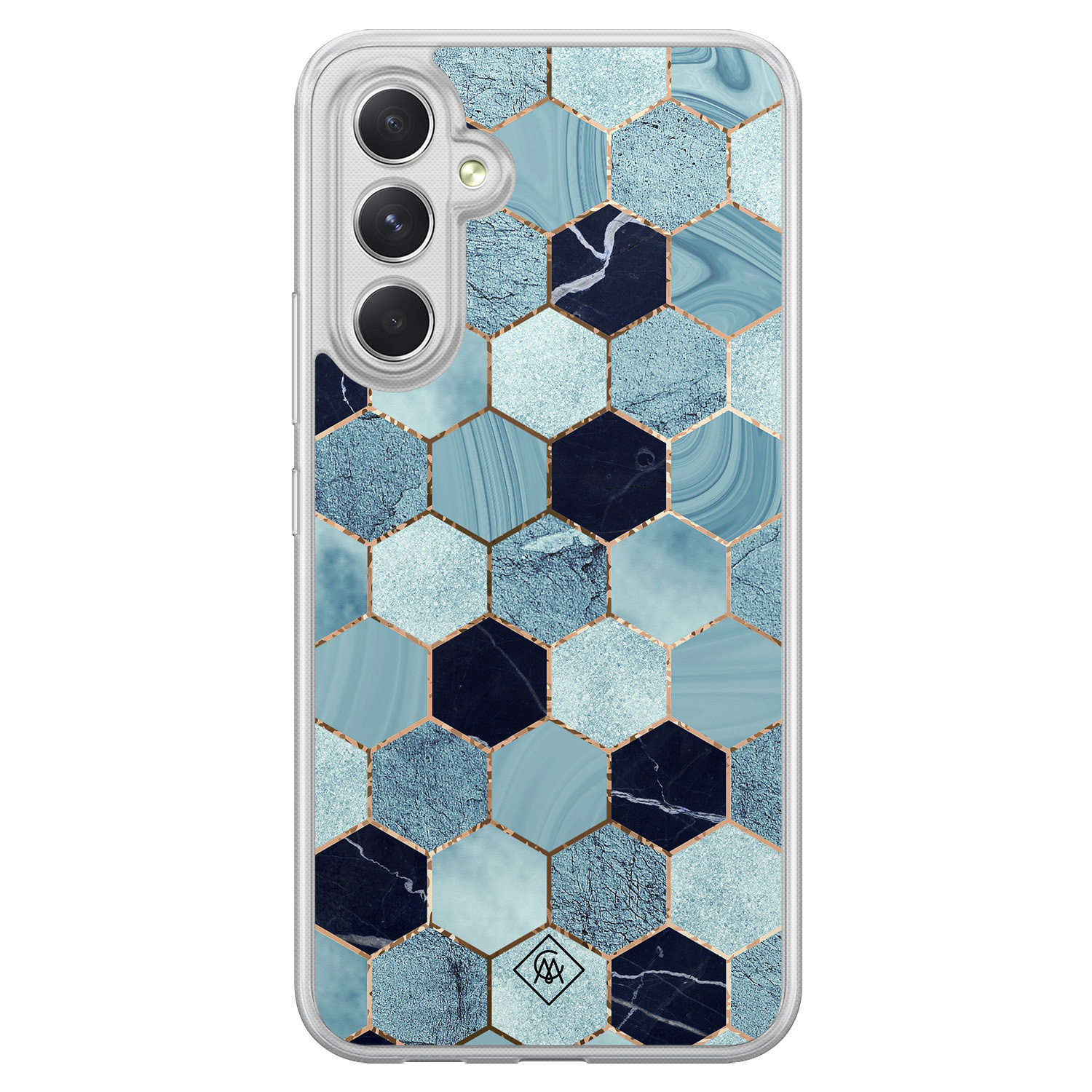 Samsung Galaxy A34 hoesje siliconen - Blue cubes - Casimoda® 2-in-1 case hybride - Schokbestendig - Marble design - Verhoogde randen - Blauw, Transparant