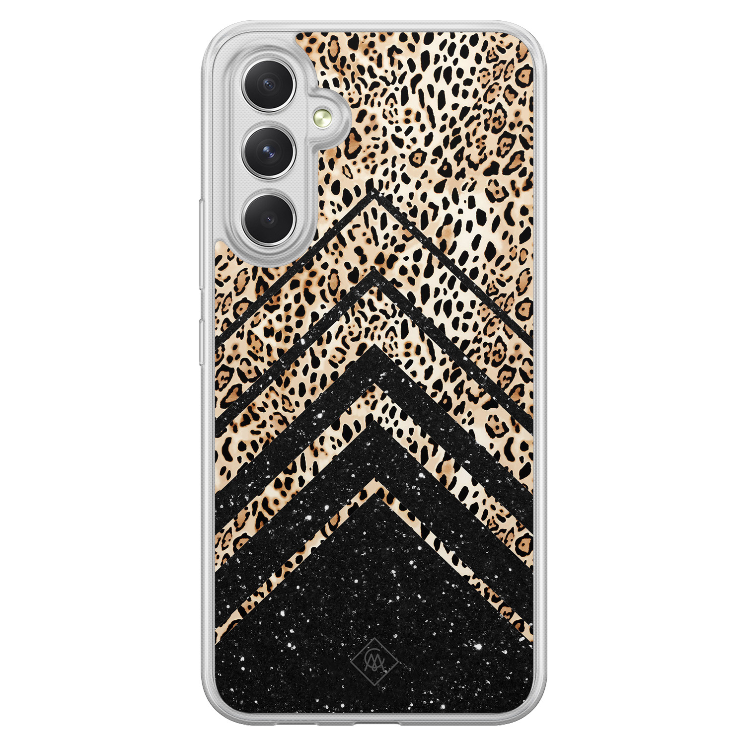Samsung Galaxy A34 hoesje siliconen - Chevron luipaard - Casimoda® 2-in-1 case hybride - Schokbestendig - Luipaardprint - Verhoogde randen - Bruin/beige, Transparant