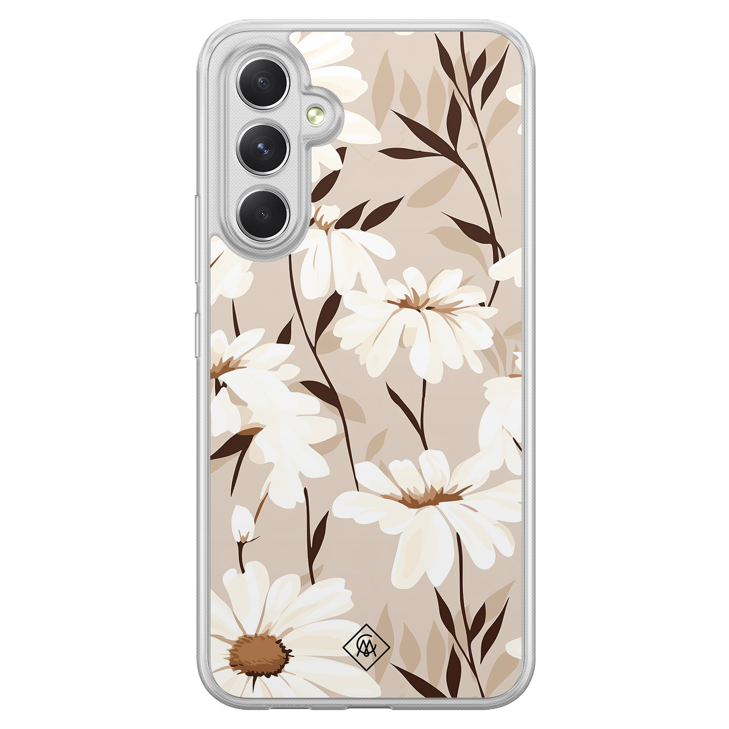 Samsung Galaxy A34 hoesje siliconen - In bloom - Casimoda® 2-in-1 case hybride - Schokbestendig - Bloemen - Verhoogde randen - Bruin/beige, Transparant