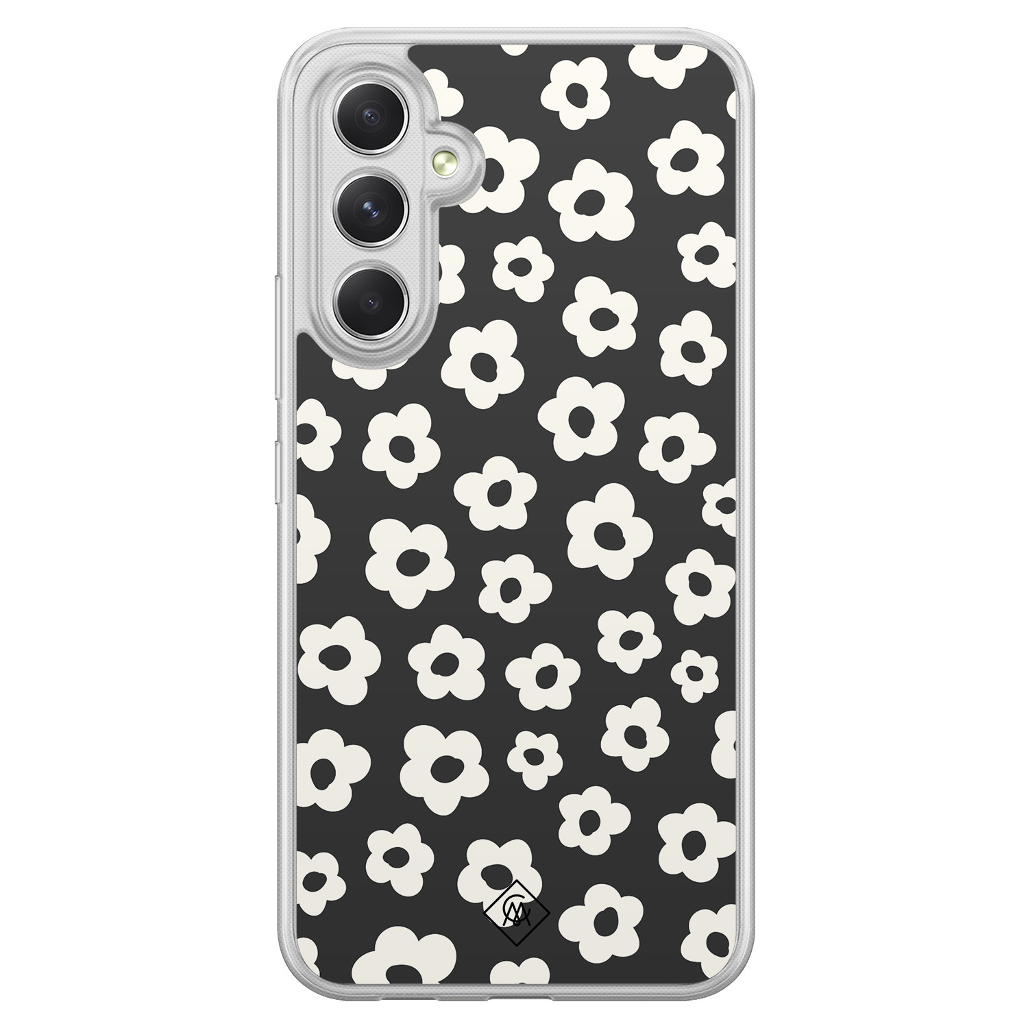 Samsung Galaxy A34 hoesje siliconen - Retro bloempjes - Casimoda® 2-in-1 case hybride - Schokbestendig - Bloemen - Verhoogde randen - Zwart, Transparant