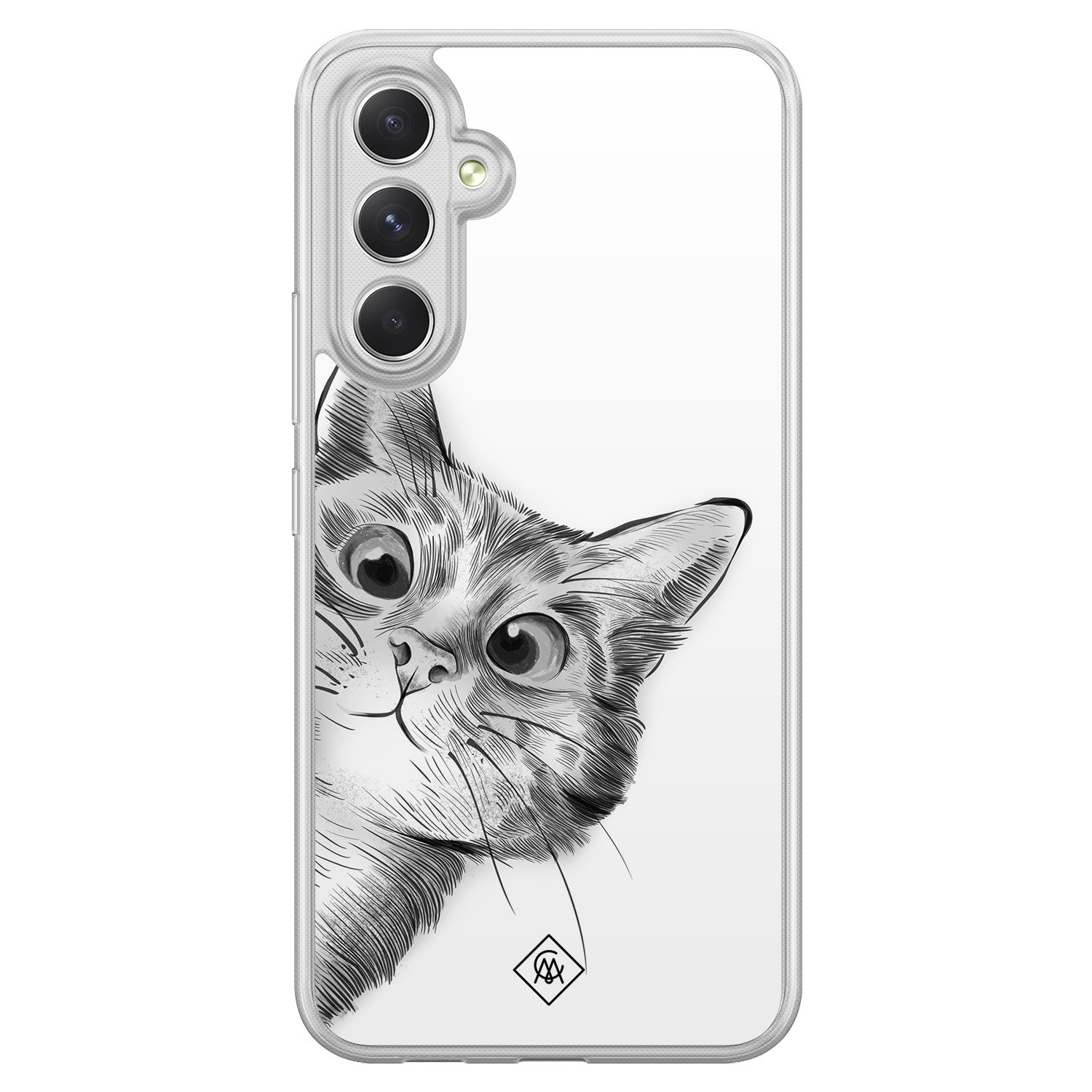 Samsung Galaxy A34 hoesje siliconen - Kat kiekeboe - Casimoda® 2-in-1 case hybride - Schokbestendig - Illustratie - Verhoogde randen - Wit, Transparant