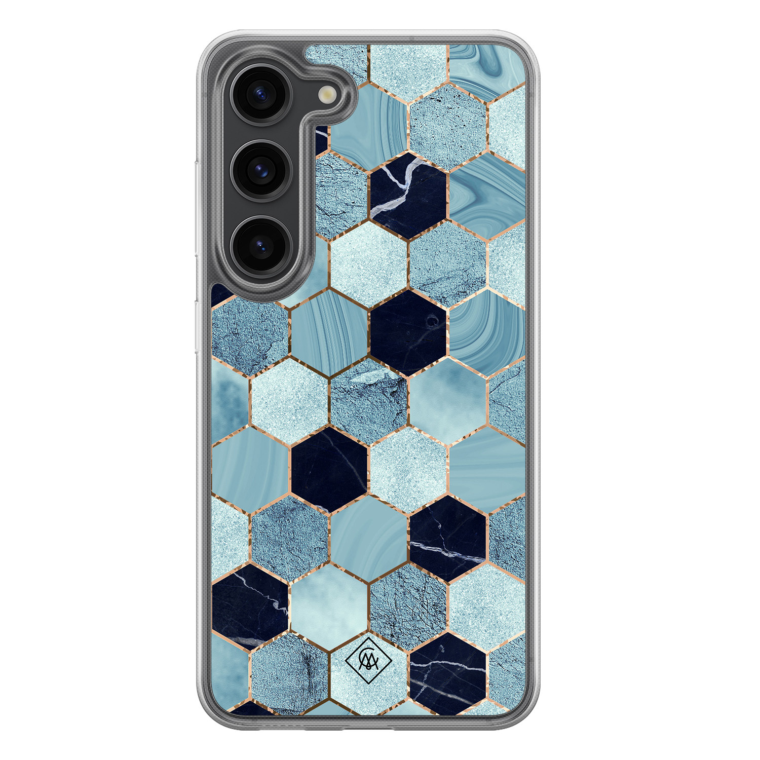 Samsung Galaxy S23 Plus hoesje siliconen - Blue cubes - Casimoda® 2-in-1 case hybride - Schokbestendig - Marble design - Verhoogde randen - Blauw, Transparant