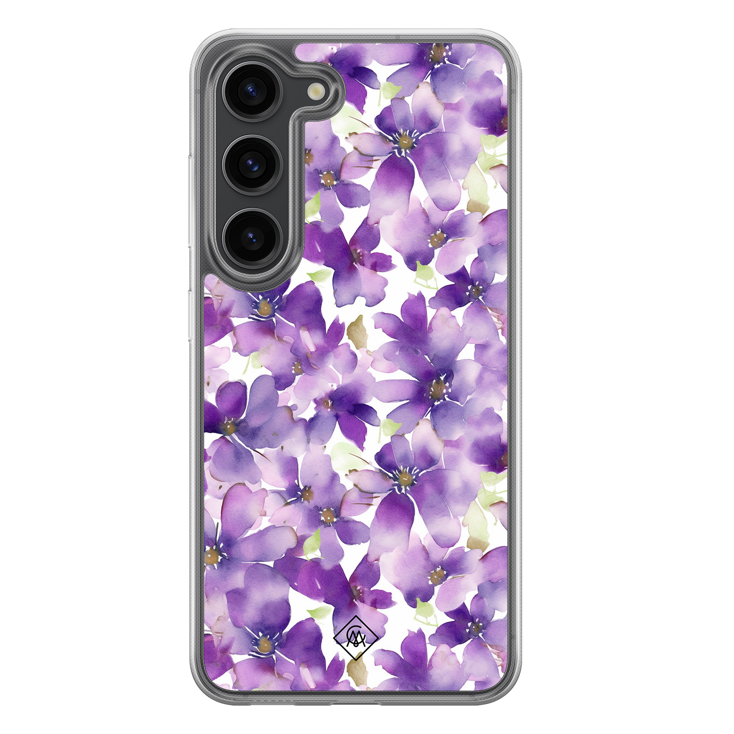 Samsung Galaxy S23 Plus hoesje siliconen - Floral violet - Casimoda® 2-in-1 case hybride - Schokbestendig - Bloemen - Verhoogde randen - Paars, Transparant