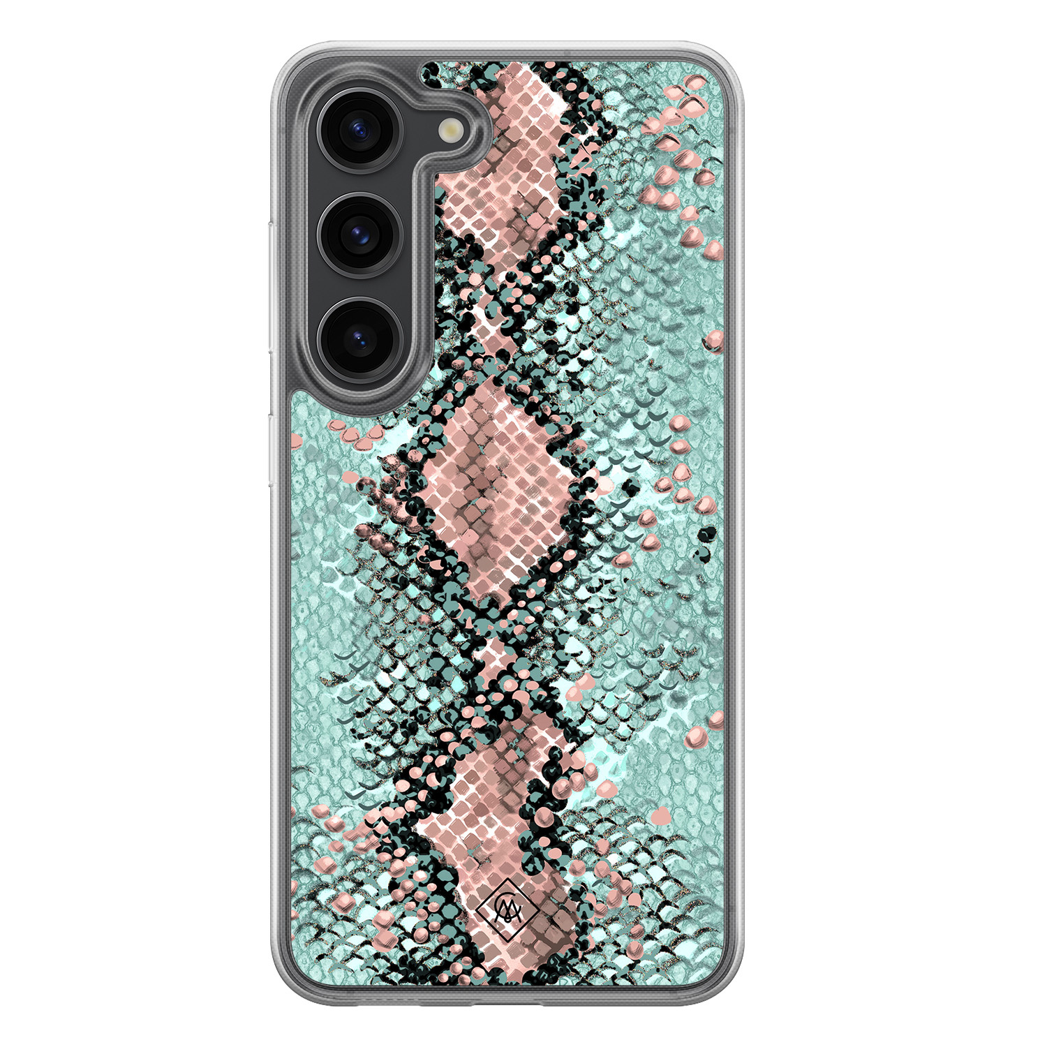 Samsung Galaxy S23 Plus hoesje siliconen - Slangenprint pastel mint - Casimoda® 2-in-1 case hybride - Schokbestendig - Slangenprint - Verhoogde randen - Groen, Transparant