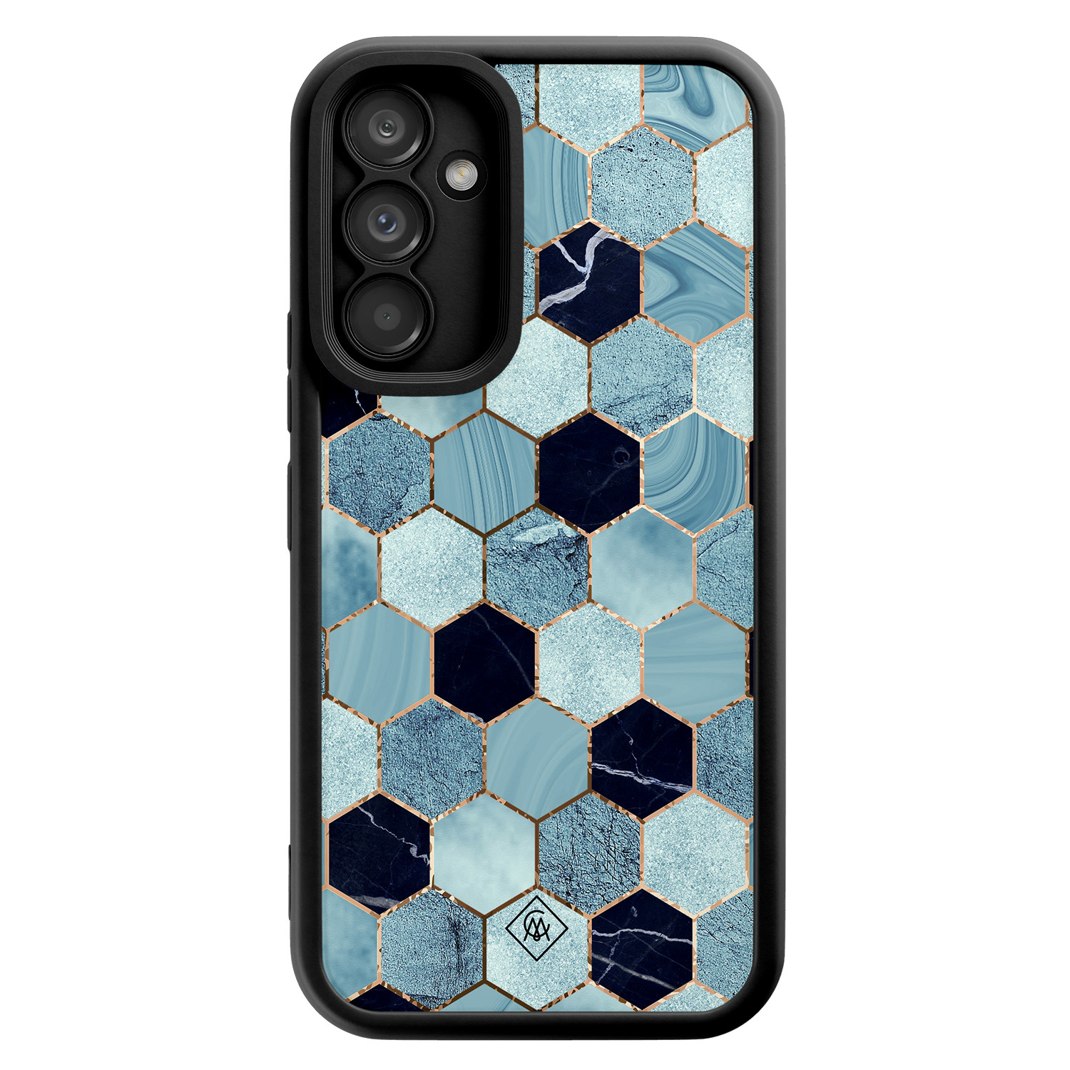 Samsung Galaxy A34 zwarte case - Blue cubes - Blauw - Hard Case TPU Zwart - Marmer - Casimoda