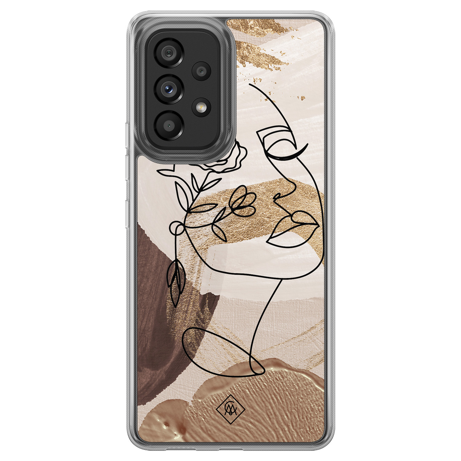 Samsung Galaxy A52 5G hoesje siliconen - Abstract gezicht bruin - Casimoda® 2-in-1 case hybride - Schokbestendig - Geometrisch patroon - Verhoogde randen - Bruin/beige, Transparant