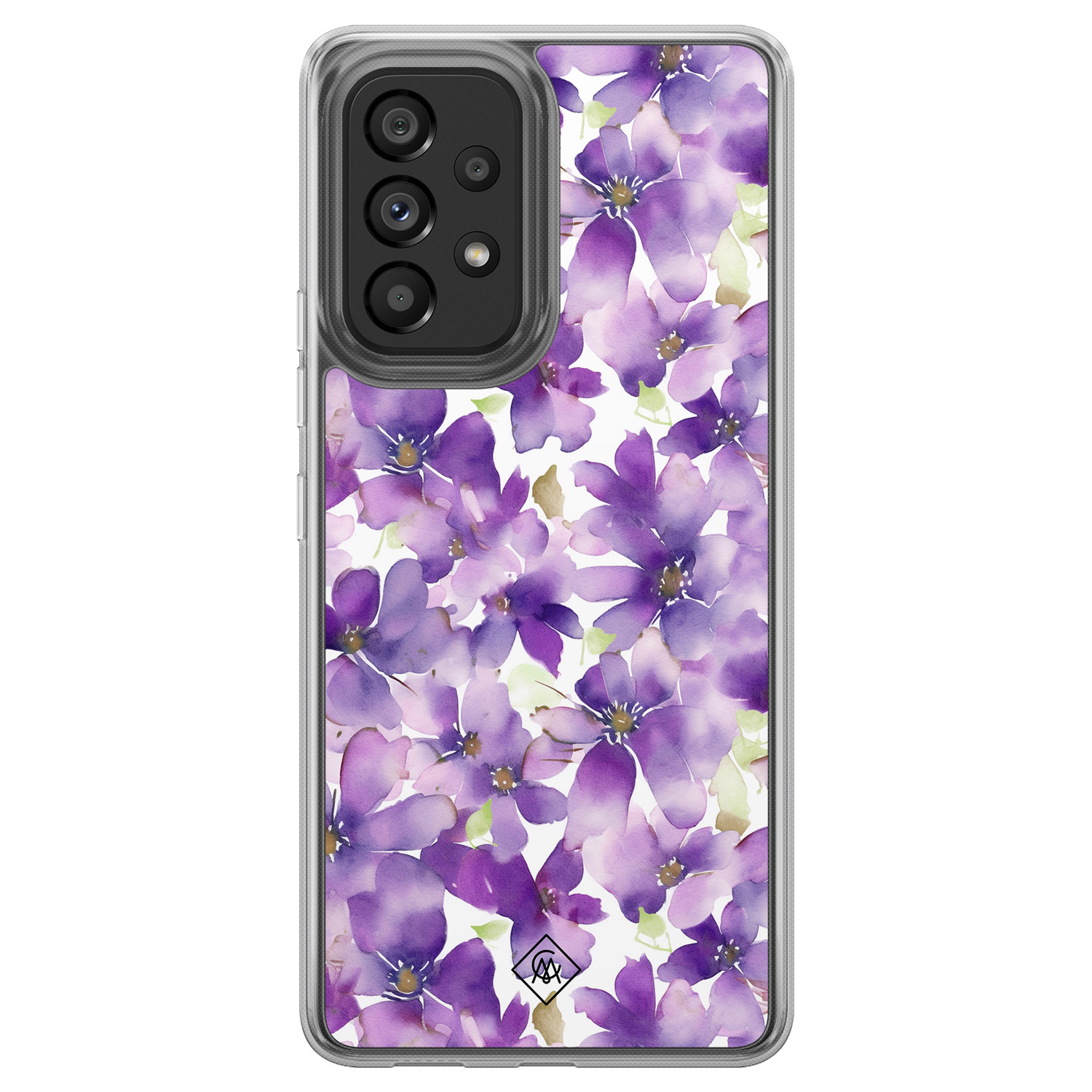 Samsung Galaxy A52 5G hoesje siliconen - Floral violet - Casimoda® 2-in-1 case hybride - Schokbestendig - Bloemen - Verhoogde randen - Paars, Transparant