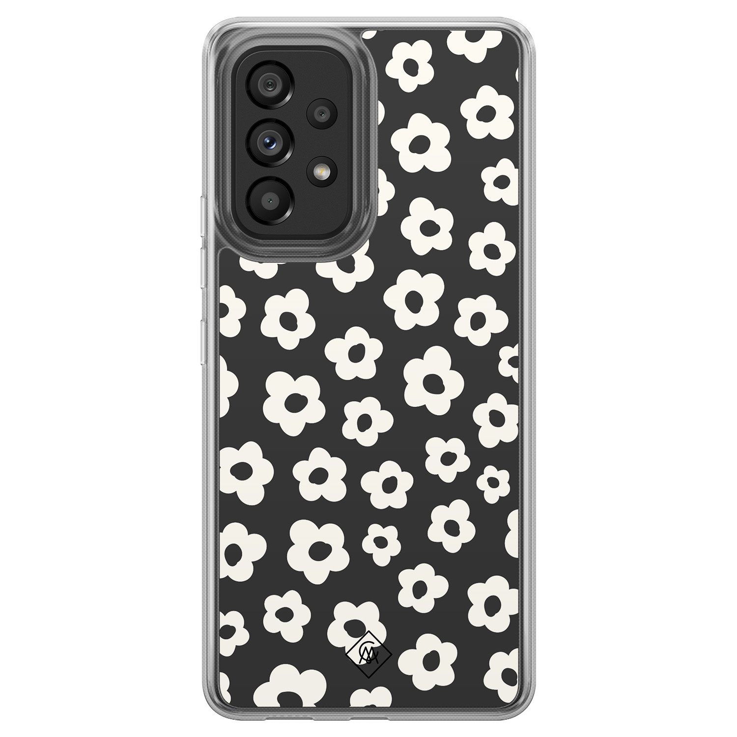 Samsung Galaxy A52 5G hoesje siliconen - Retro bloempjes - Casimoda® 2-in-1 case hybride - Schokbestendig - Bloemen - Verhoogde randen - Zwart, Transparant