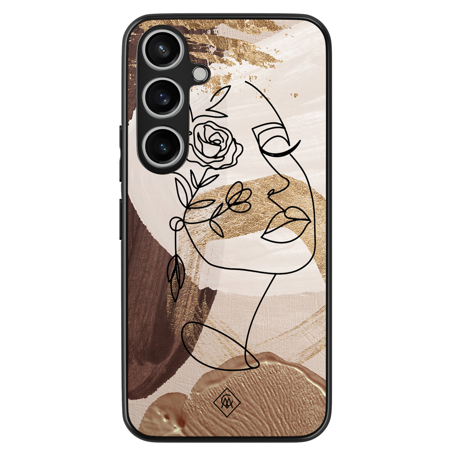 Samsung Galaxy A55 hoesje - Abstract gezicht bruin - Bruin/beige - Hard Case TPU Zwart - Geometrisch patroon - Casimoda