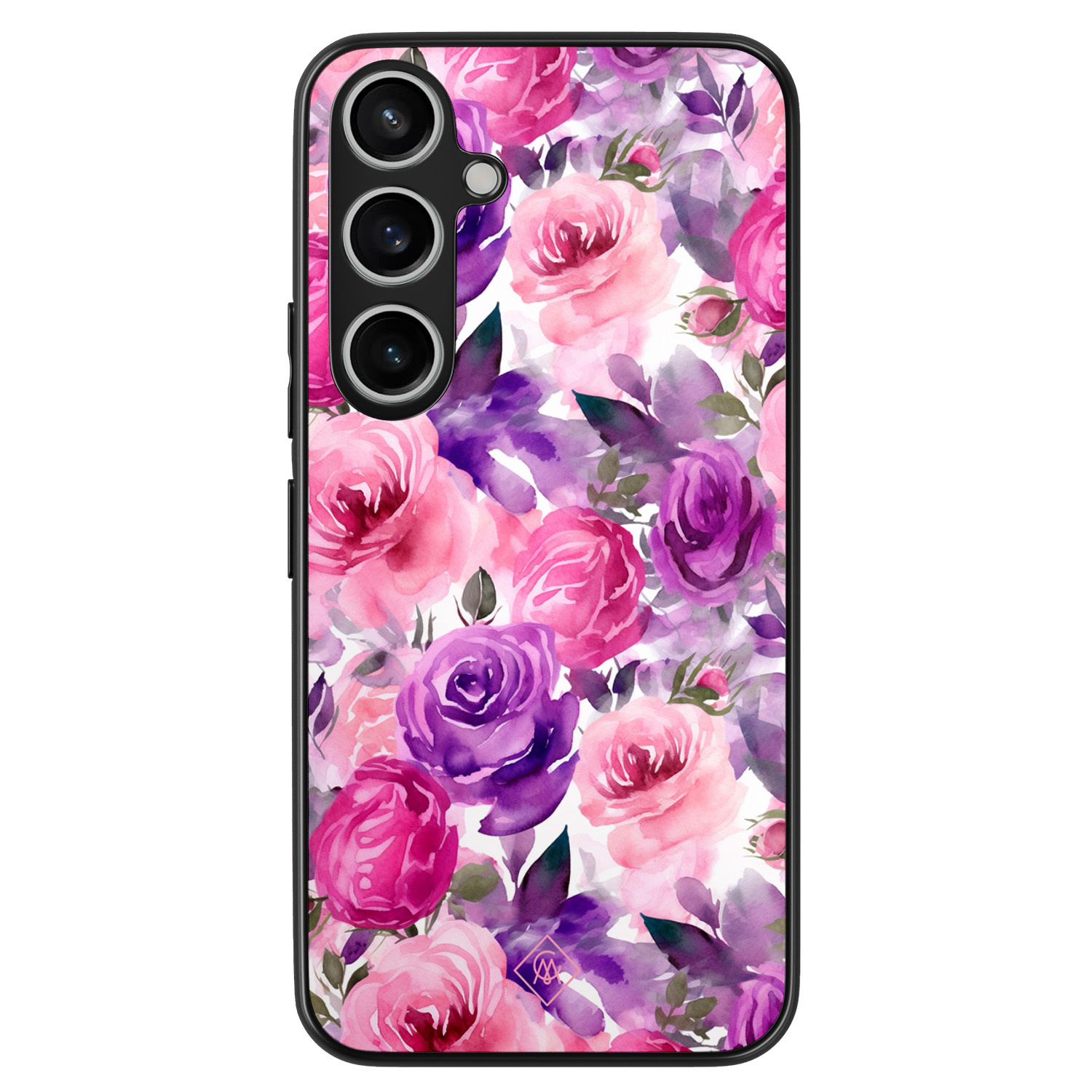 Samsung Galaxy A55 hoesje - Rosy blooms - Roze - Hard Case TPU Zwart - Planten - Casimoda