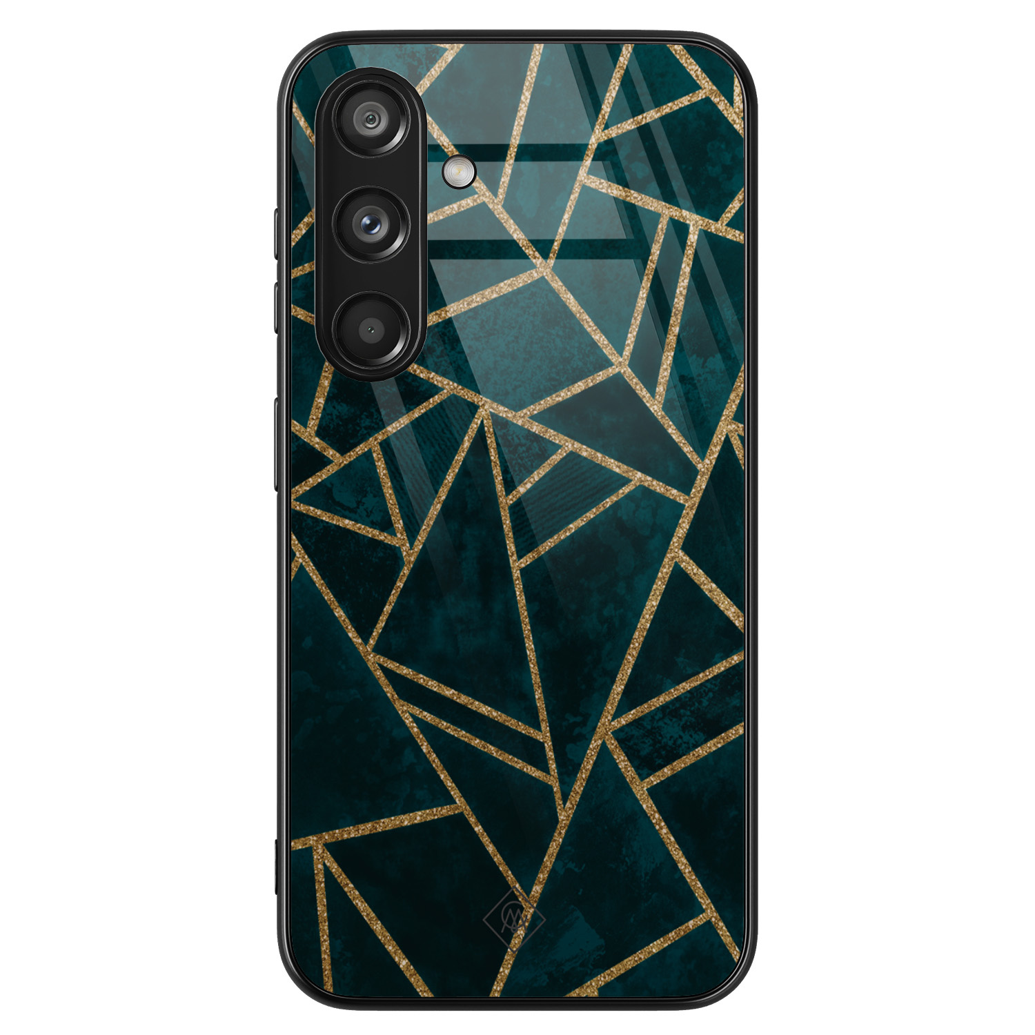 Samsung Galaxy S24 hoesje glas - Green shapes - Blauw - Hard Case Zwart - Backcover telefoonhoesje - Geometrisch patroon - Casimoda